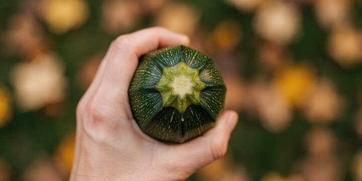 Close up of a person holding a round green zucchini courgette harvesting fresh organic vegetables in a garden for healthy eating