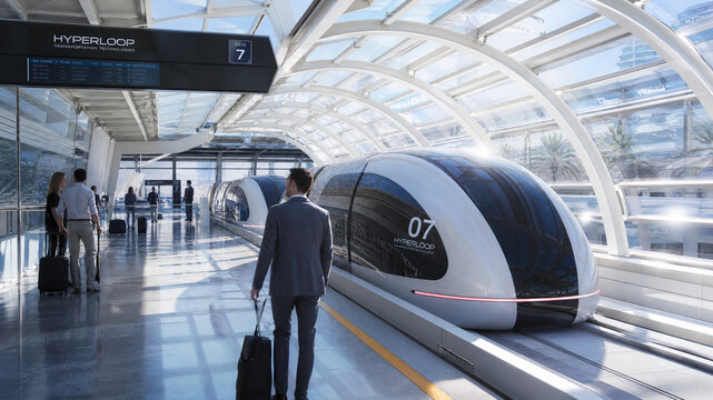 Futuristic hyperloop train at modern station, high-speed vacuum pod transportation, businessman traveler at glass terminal