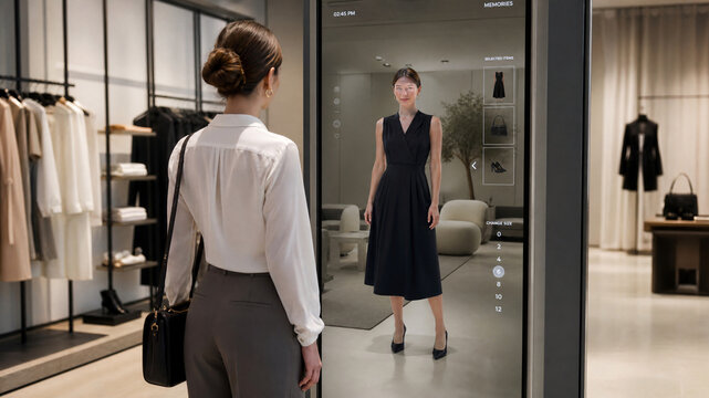 Smart mirror technology in fashion boutique, woman using virtual fitting room for digital try-on, futuristic retail shopping experience