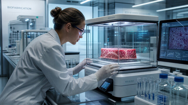 Cultured meat research in modern laboratory, female scientist examining lab-grown steak, synthetic meat production and food science technology