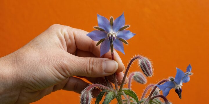 A person holding a blue borage flower with buds against an orange background representing gardening and herb cultivation