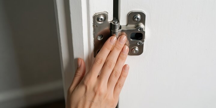 Close up of a young adult Caucasian woman hand touching and adjusting a modern steel door hinge on a white door in a home interior