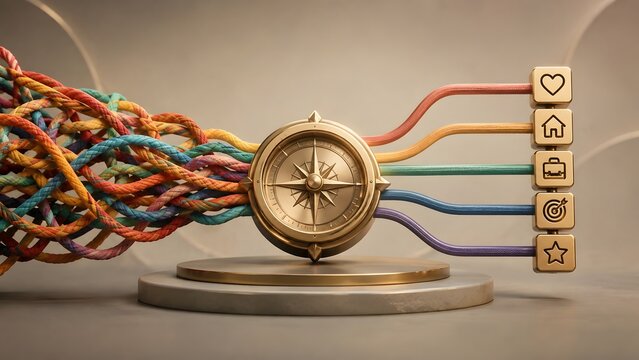 Tangled colorful ropes passing through a golden compass to become straight lines connected to lifestyle and business icons, representing strategic life planning and prioritizing goals