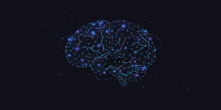 Abstract Neural Network Brain: A luminous, abstract representation of a human brain, composed of interconnected nodes and glowing lines.