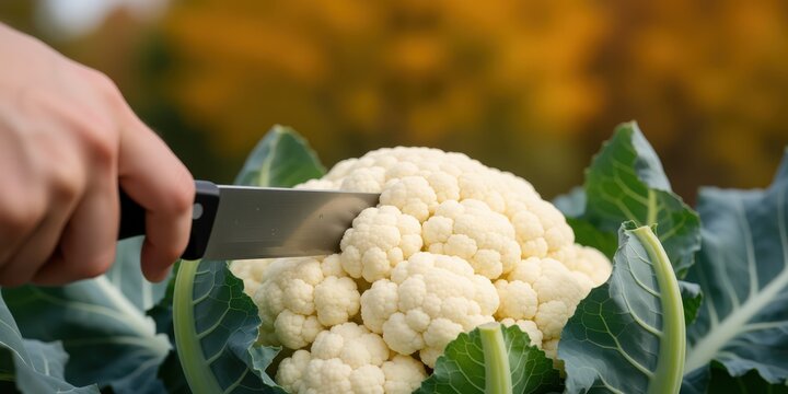 Close up of person harvesting fresh organic cauliflower head with sharp kitchen knife in outdoor garden