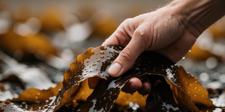 Close up of a young caucasian mans hand holding wet brown kelp seaweed representing sustainable marine agriculture and coastal foraging practices