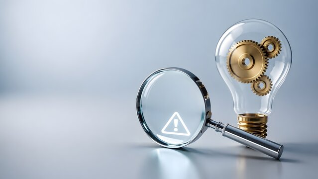 Magnifying glass displaying a glowing warning sign next to a lightbulb with gears, illustrating problem identification and risk analysis in technical innovation