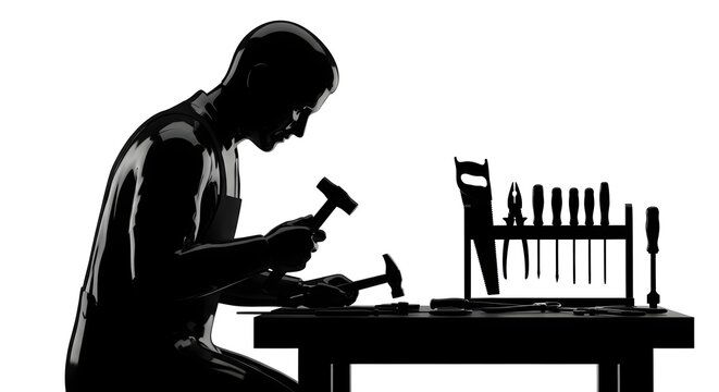 Silhouette Man Using Hammer and Tools in Workshop with Workbench and Tool Rack
