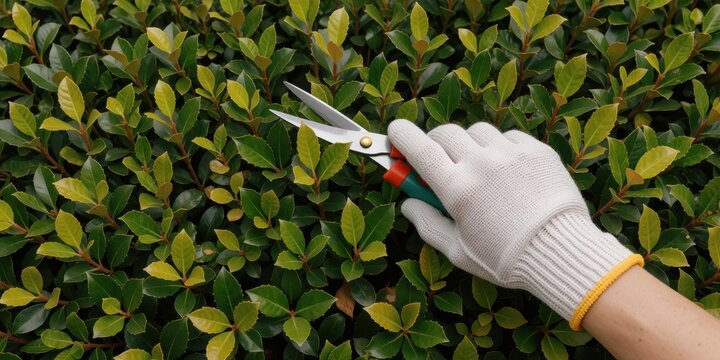 Gardener trimming hedge with pruning shears wearing white protective gloves close-up shot representing landscaping and yard maintenance concepts