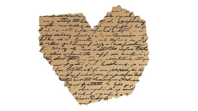 Heart shape cutout of old vintage parchment paper with black handwritten calligraphy script on a clean transparent background as a romantic love concept design element