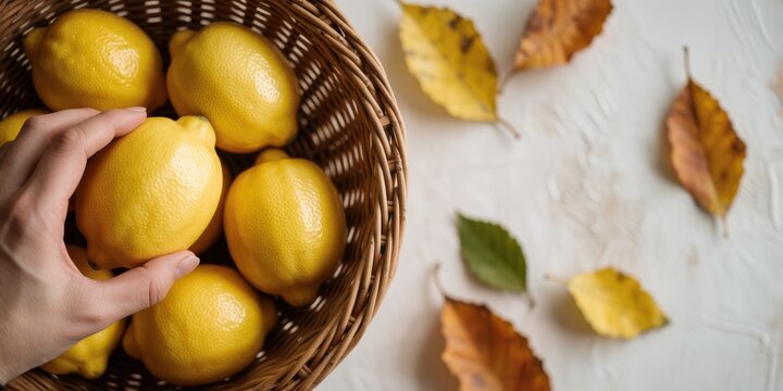 Woman picking fresh yellow lemon from wicker basket surrounded by autumn leaves on white table