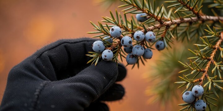 Gloved hand harvesting fresh blue juniper berries from pine tree branch in autumn forest outdoors