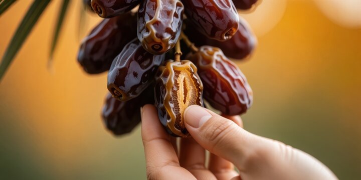 Fresh ripe date palm fruit being harvested by hand in an orchard, representing healthy eating, organic food, and traditional agriculture