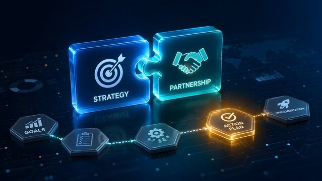 Glowing digital puzzle pieces connecting strategy and partnership above a strategic action plan workflow with business icons