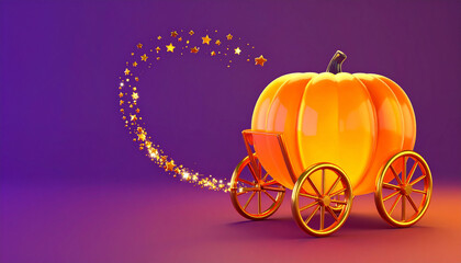Fototapeta premium 魔法の黄金のパンプキン馬車と輝く星の光 紫色の背景に浮かぶ幻想的なハロウィンのファンタジーイラスト コピースペース付きのイベント告知やWEBデザイン用素材