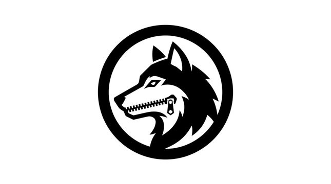 Circular wolf head logo with zipper mouth detail.