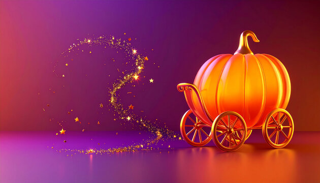 ハロウィンの魔法をイメージした黄金のカボチャの馬車　星の輝きと光のパーティクルが舞うファンタジー風の背景素材　チラシやWebバナーの装飾に使える幻想的で美しいデザインのイラスト素材