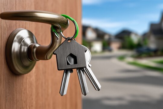 House keys on a door handle opening to a suburban neighborhood, symbolizing homeownership and new beginnings