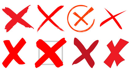 Set of eight hand-drawn and geometric red cross marks isolated on white background as transparent PNG for checklist rejection symbols or feedback icons © 4k
