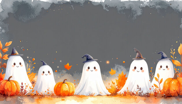 ハロウィンの可愛いおばけとカボチャの水彩風イラスト　秋の紅葉と落ち葉が舞うおしゃれな背景素材　文字入れ可能なコピースペース付きのイベントバナーデザイン
