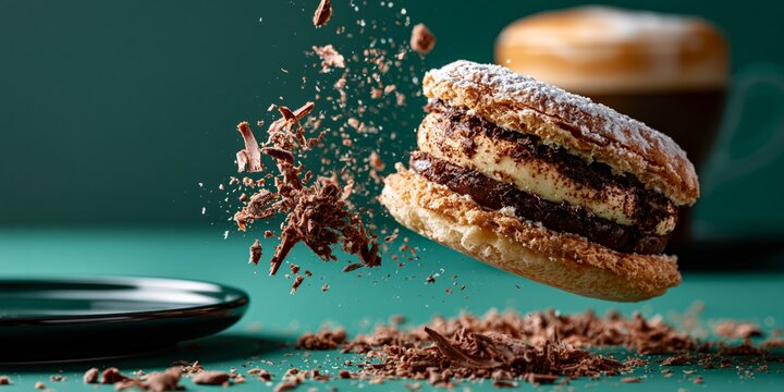 Delicious layered cream sandwich flying in mid-air with exploding chocolate shavings and crumbs on teal background.