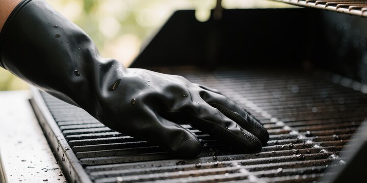 Person cleaning barbecue grill grate with black protective glove and water, household maintenance