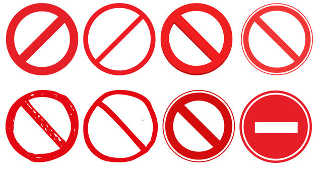 Set of eight diverse red prohibition and warning circle icons including hand-drawn sketches and flat graphic road signs isolated on a white background in high-resolution PNG format