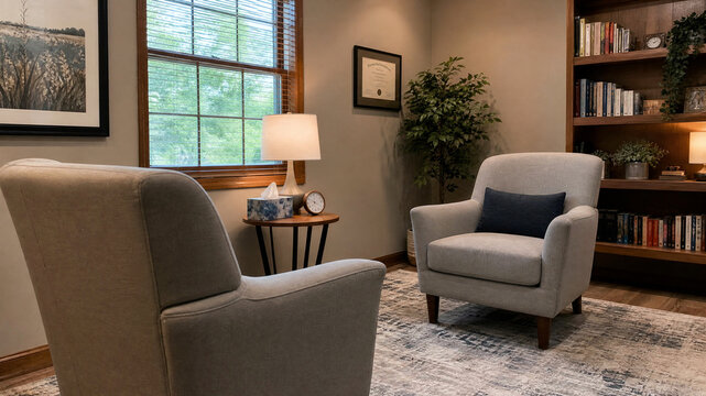 Professional therapy office interior with armchairs, cozy counseling room for mental health sessions, warm private practice office