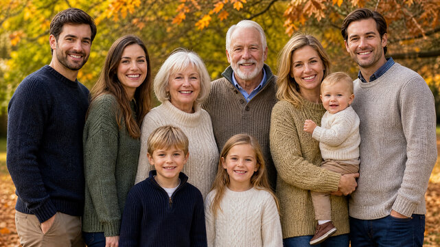 Happy multi-generational family portrait in autumn park, smiling grandparents with children and grandchildren, warm fall lifestyle