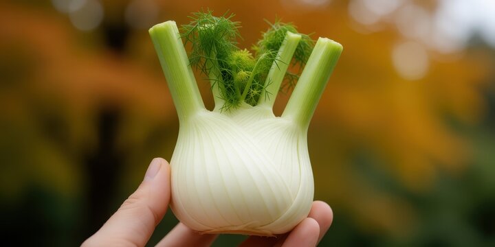 Fresh organic fennel bulb held in hand representing healthy food and cooking ingredients for culinary recipes