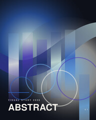 Naklejka premium Abstract composition with vertical translucent bars, overlapping circular outlines, and a deep blue gradient background, text visual study 2026