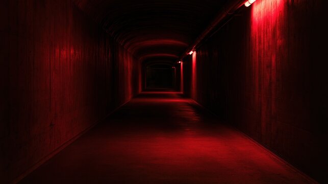Mysterious dark corridor with red lighting, creating a sense of suspense and intrigue