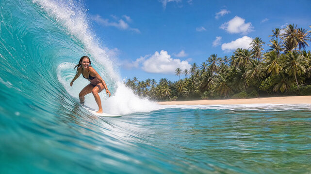 Tropical surfing action with woman riding barrel wave, turquoise ocean water and palm tree beach, summer vacation surf lifestyle