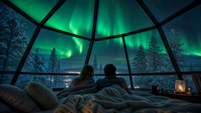 Northern lights view from glass igloo, couple watching aurora borealis in arctic hotel, cozy winter night in snowy forest cabin