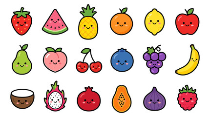 Fototapeta premium Set of cute cartoon fruits with happy faces isolated on white background for kids design projects