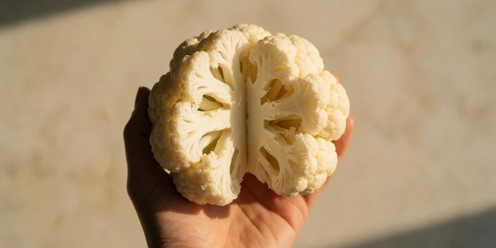 Cross section of a fresh raw cauliflower held in a hand showing fractal structure and healthy vegetable concept