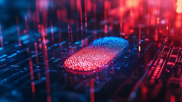 Fingerprints glow with digital energy on a circuit board. Red and blue lights pulse through electronic pathways. Data streams flow beneath the glowing fingerprint