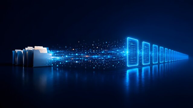Data migration concept showing information flowing from traditional file folders into modern digital documents, symbolizing efficient cloud storage and secure data transfer.