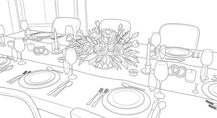 Obraz premium Elegant Dining Table Set with Floral Centerpiece in Modern Home Interior