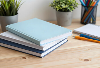 Fototapeta premium Stack of three books with a light blue cover on top, pens, and potted plants on a wooden desk, education and learning