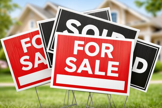 Multiple For Sale and Sold Real Estate Yard Signs Clustered on Green Grass in Front of Houses