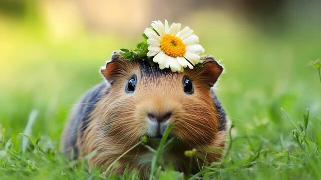 A small guinea pig adorned with a sunflower crown walks in a lush garden on a sunny day.