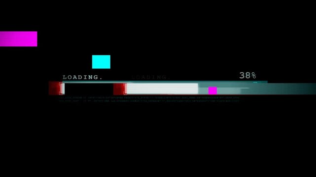 Cyberpunk system sci-fi loading bar animation with glitch effect. Futuristic uploading progress bar with glitch effect isolated on black background. Computer cyberpunk loading screen.