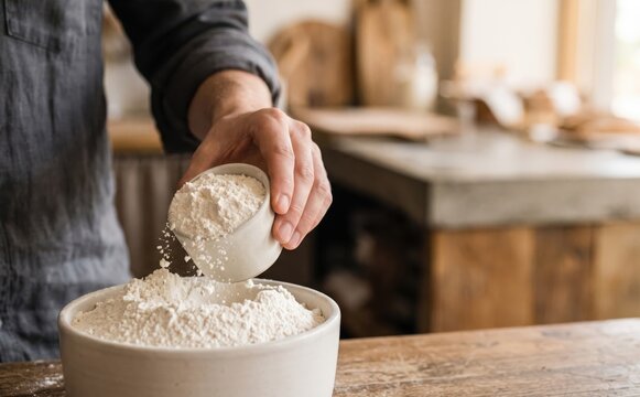 Man pouring flour from measuring cup into bowl in rustic kitchen for baking concept