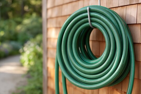 Green garden hose coiled neatly on a wooden shingle wall with lush greenery in the background
