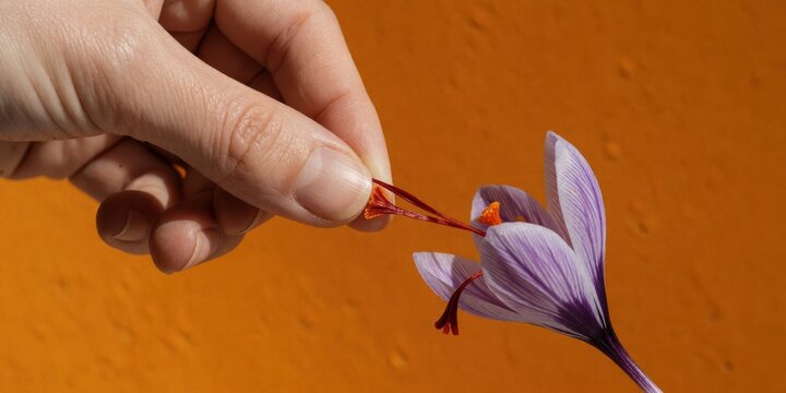 Harvesting saffron threads from a purple crocus flower by hand representing spice production and natural agriculture