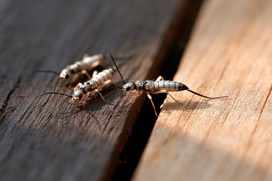 Close-up Macro Shot of Earwigs with Long Antennae and Cerci on Weathered Wooden Surface
