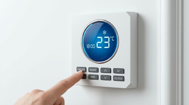 Hand pressing the ON OFF button on a white digital thermostat displaying 23 degrees Celsius and the time 18 00 temperature control indoor climate HVAC home setting heating