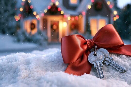 Festive Holiday Home Gift: House Keys Tied with Red Bow Resting in Snow with Cozy Lights