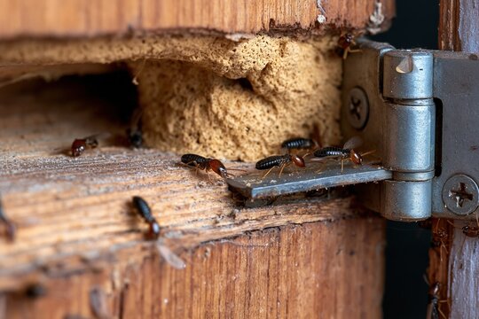 Close-up of destructive termites infesting damaged wooden door frame with visible damage and insect activity